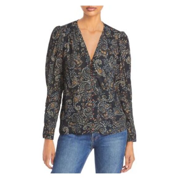 Nicholas Tops - Nicholas Womens Black Button Up Paisley Long Sleeve V Neck Blouse 0